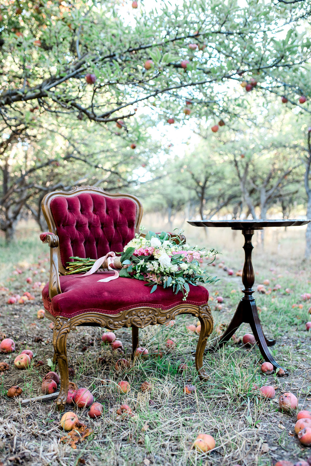 Vintage red velvet chair in apple orchard