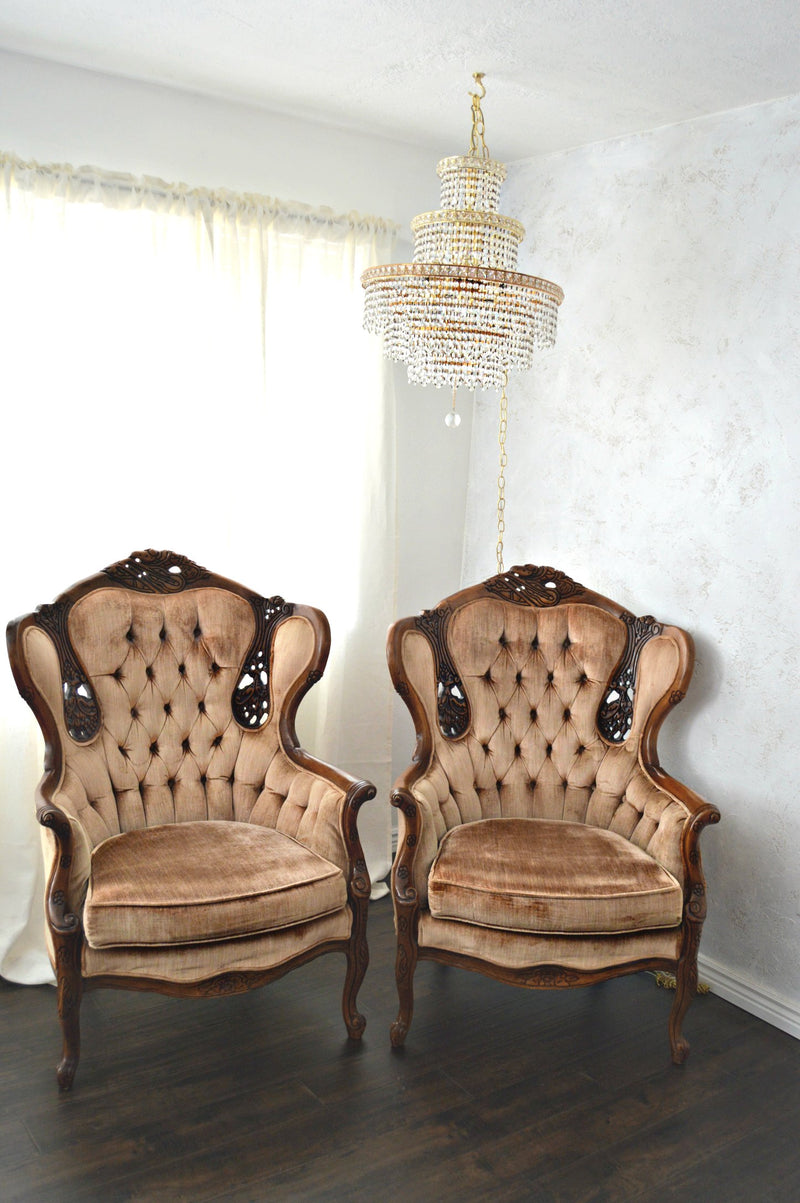 Tan Victorian chairs, Hollywood Regency styled