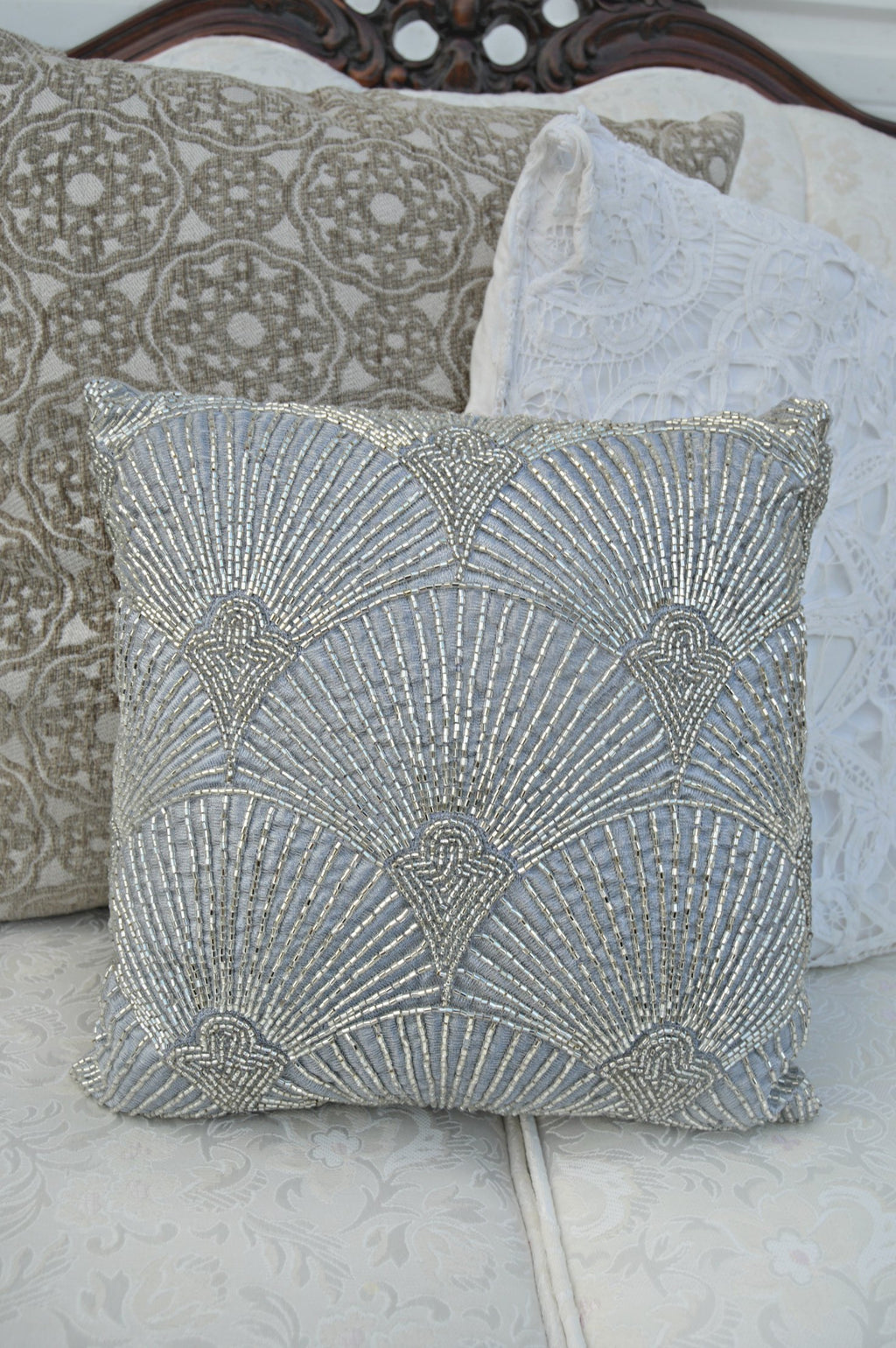 Silver beaded embellished pillow