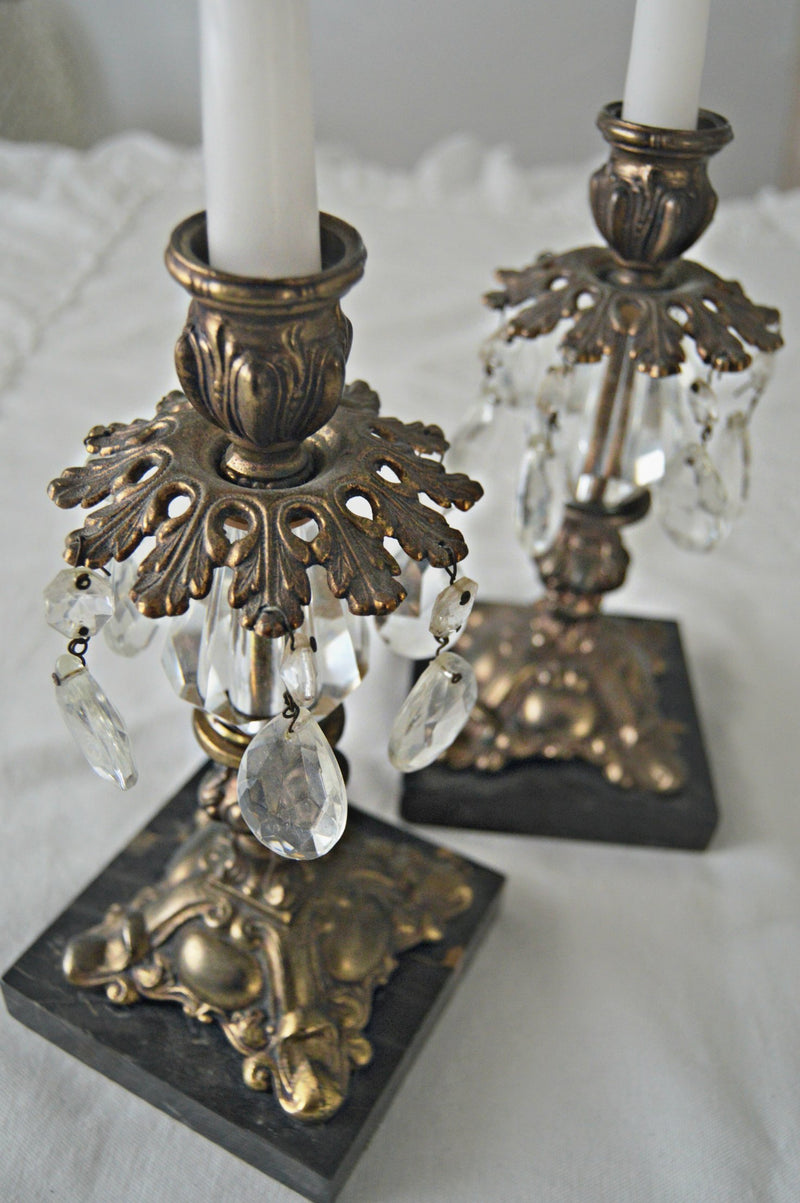 Brass Italian candlestick holders with hanging crystals