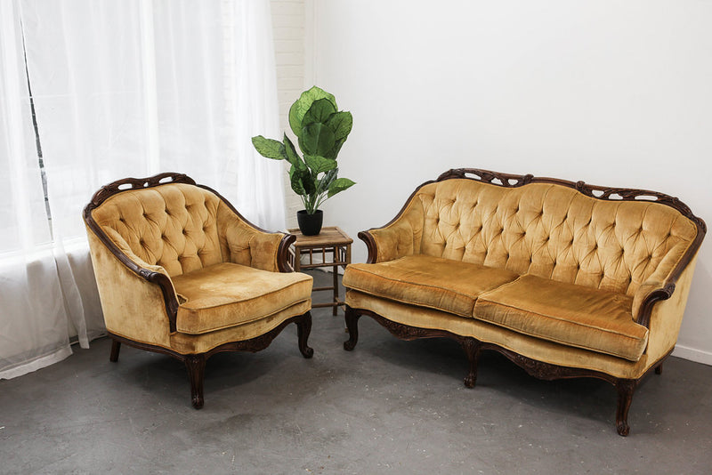 Mid century gold velvet love seat and club chair