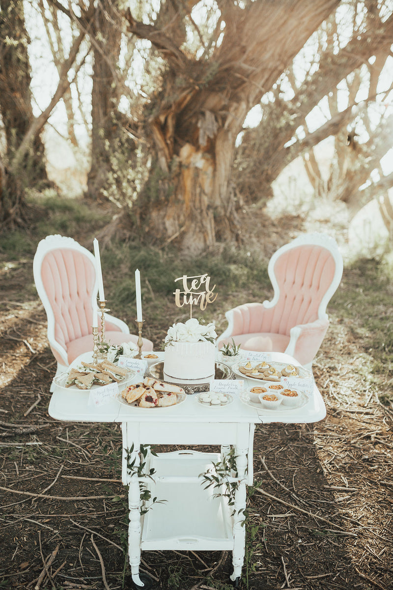 Vintage serving cart for a tea party in the woods
