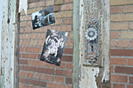 Distressed vintage decorative door with chicken wire for hanging photos