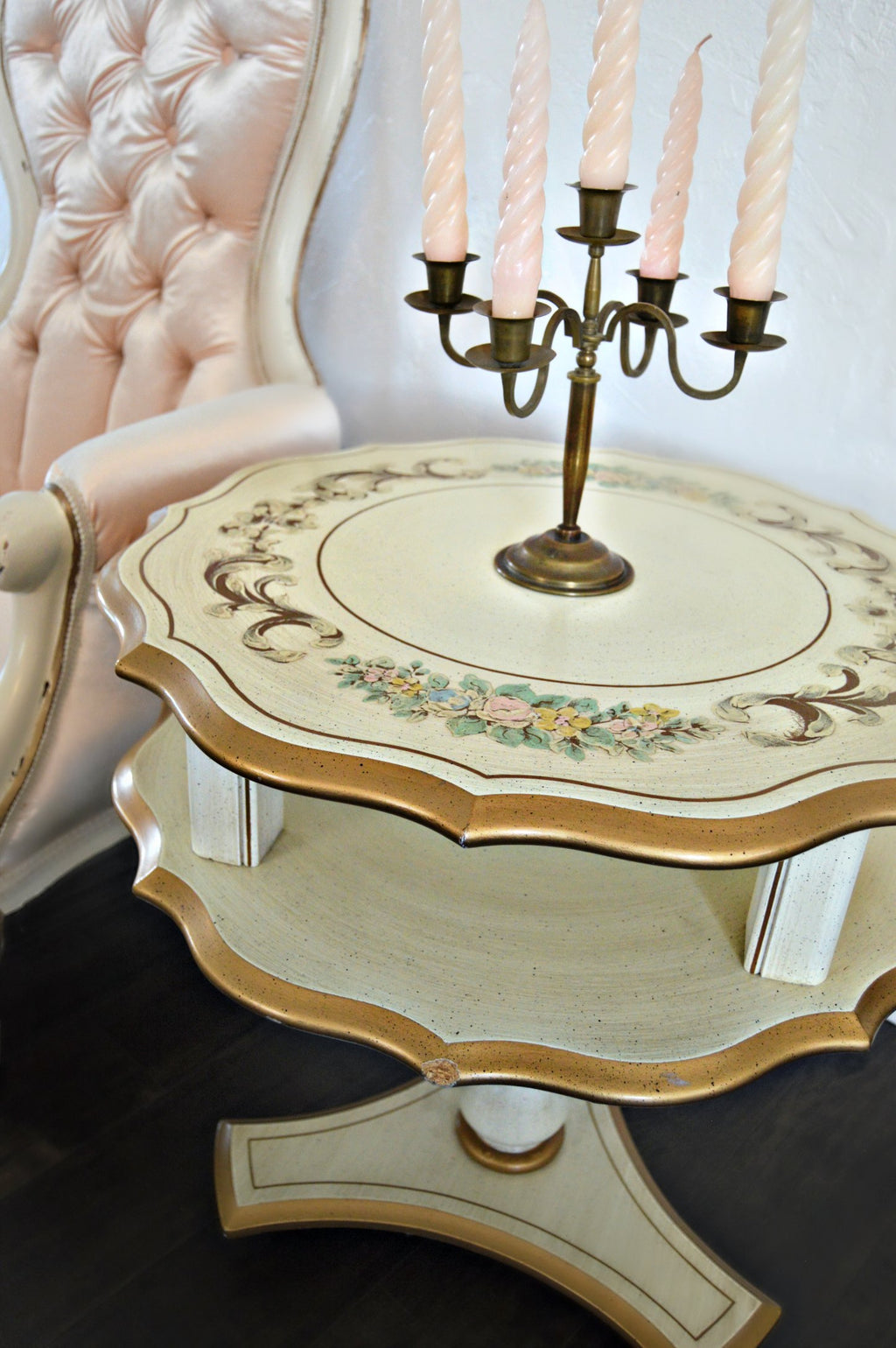 Vintage end table with hand painted pastel floral and gold details