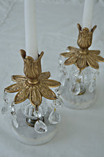 Italian bronze and marble candlestick holders with crystal pendants