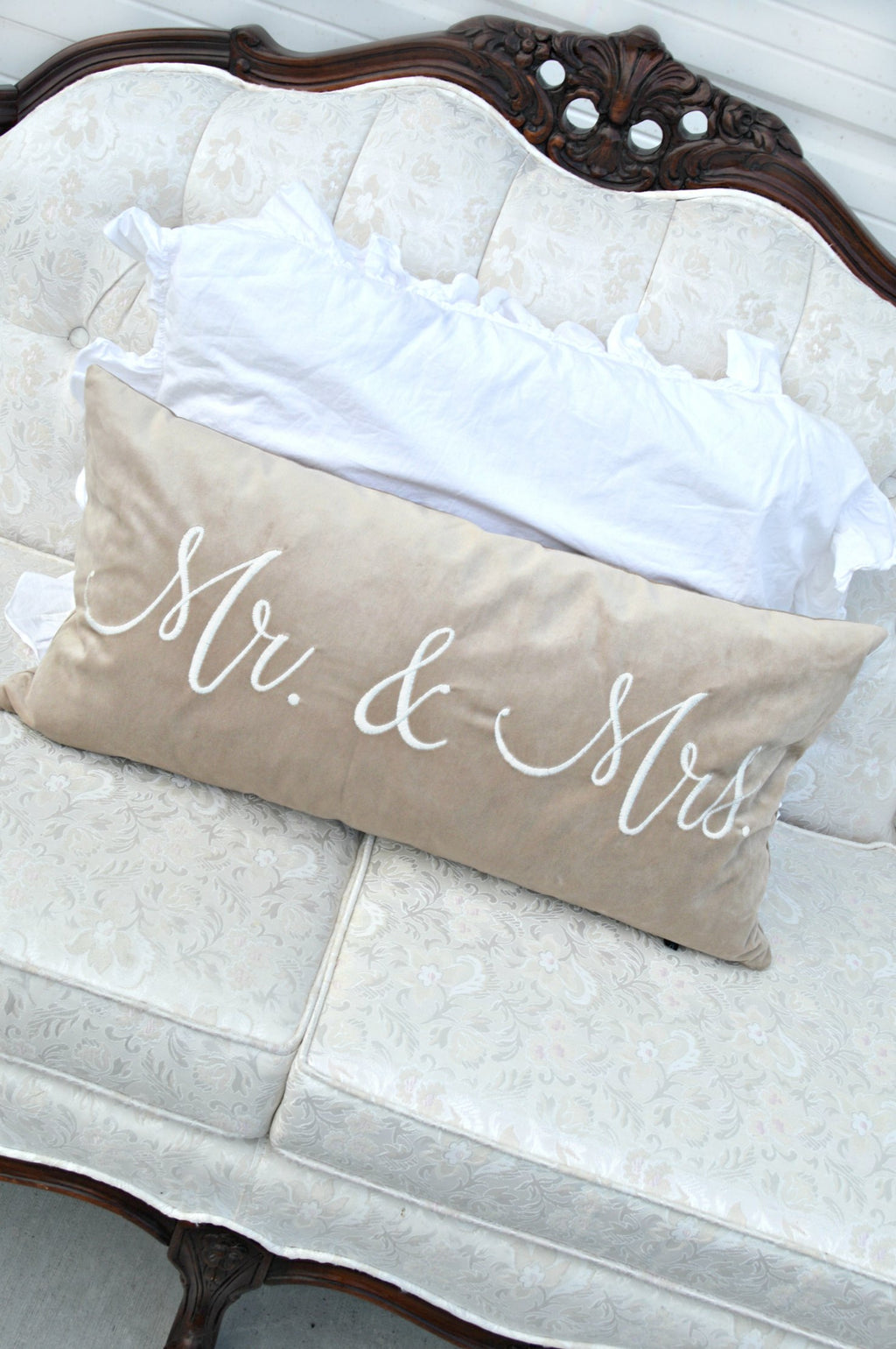 "Mr & Mrs" tan velvet pillow