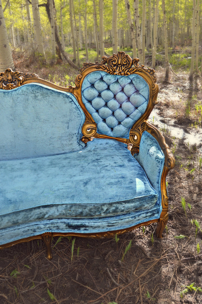 Victorian Hollywood regency style velvet blue settee