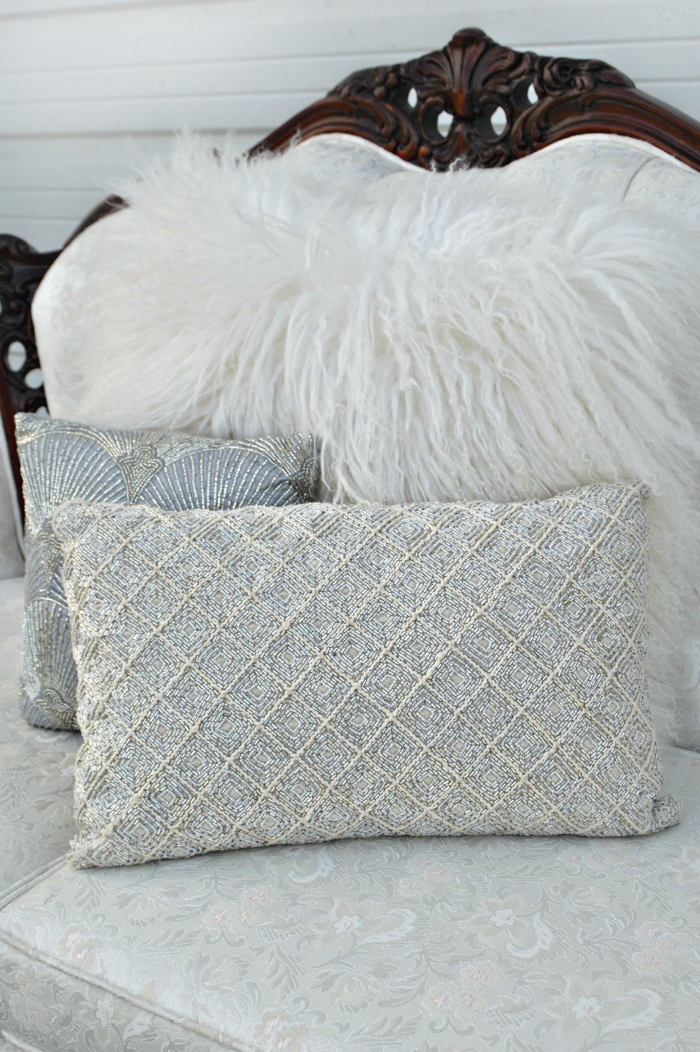 Silver beaded pillow
