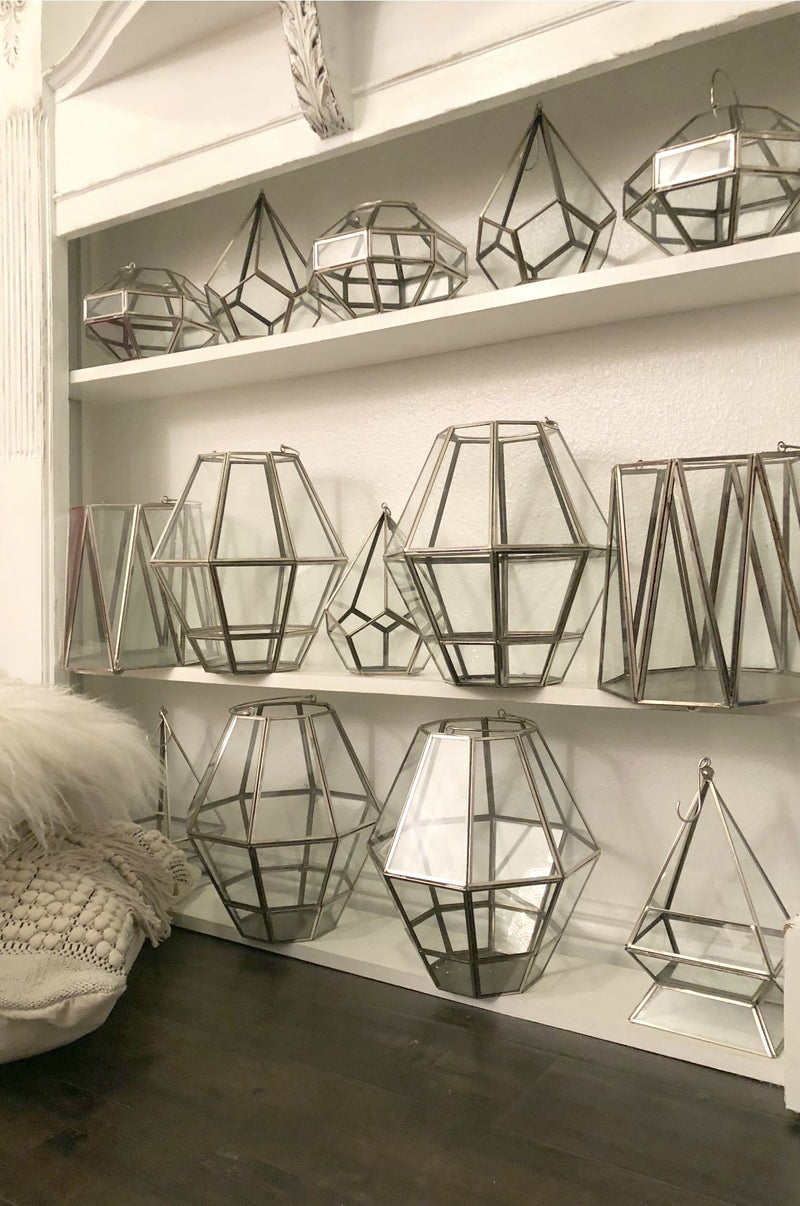 Set of silver geometric terrariums