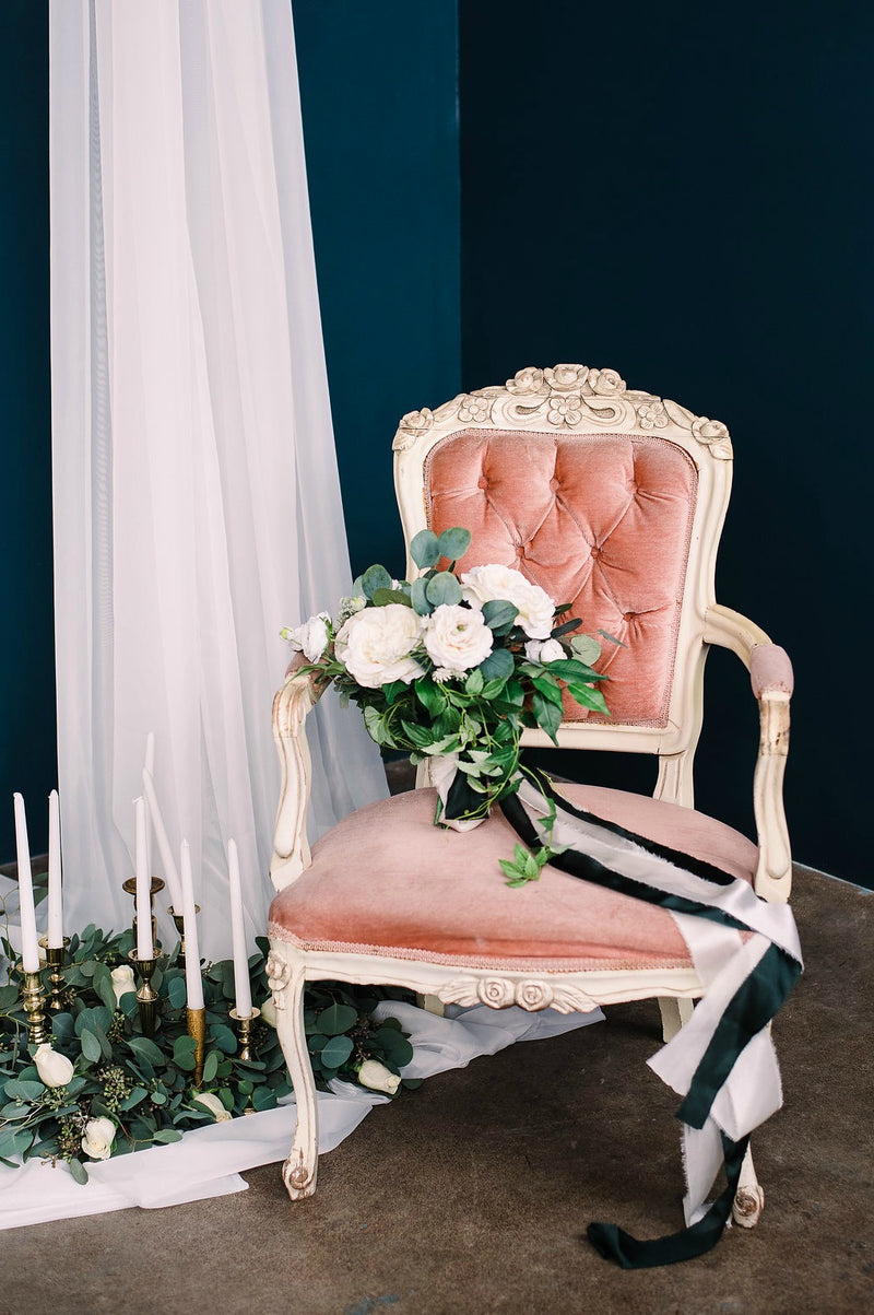 Pink velvet French chair photo shoot